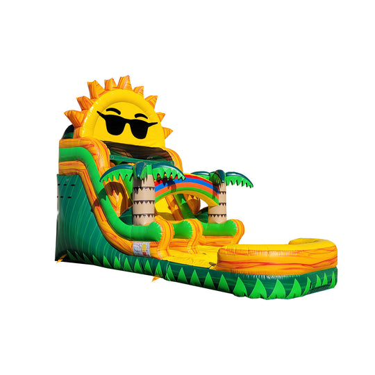 Bright yellow and green commercial water slide featuring a sun with sunglasses and palm trees, set against a white