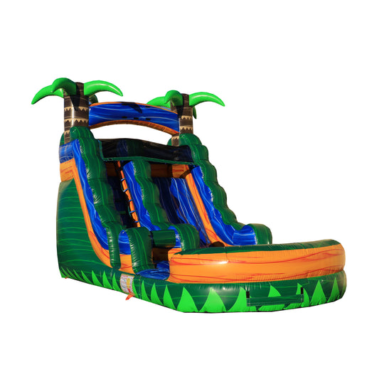Bright green and orange inflatable water slide with palm tree accents, showcasing a fun design for summer activities.