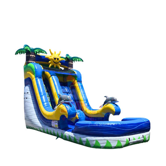 Bright blue and yellow commercial water slide for sale featuring dolphin decorations and palm trees.