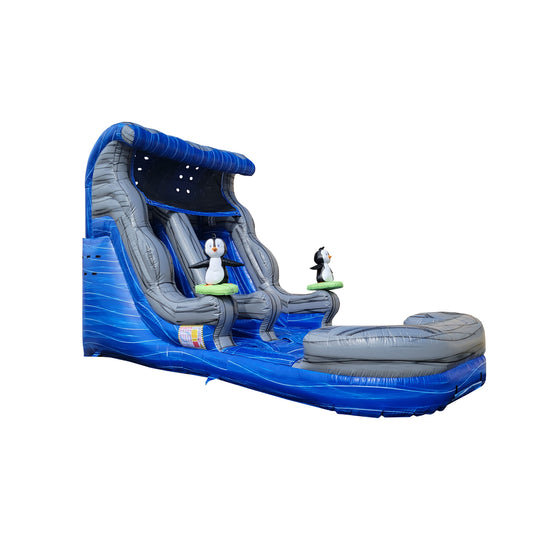 Blue and gray commercial water slide for sale featuring penguin decorations and a splash pool at the bottom.