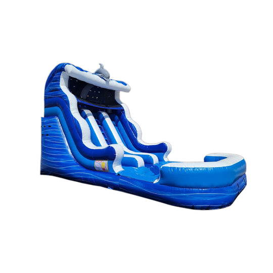 Blue and white Dolphin Abyss water slide with a curved design and splash pool, ideal for summer fun.