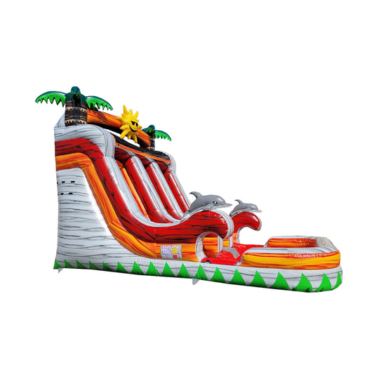 Colorful WS-229D Summer Sky Water Slide featuring dolphins and palm trees, set against a white background, showcasing a fun