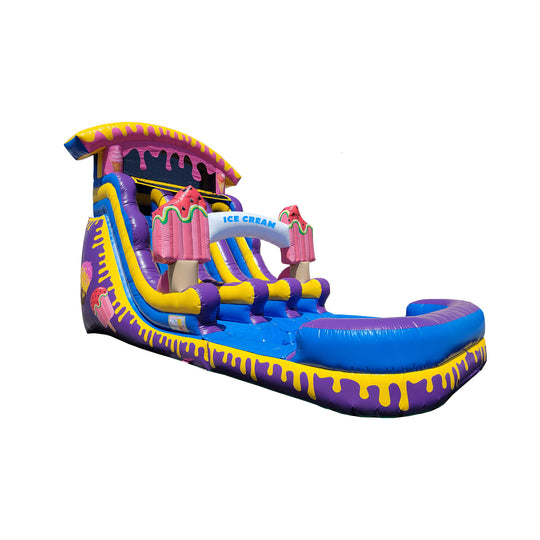 Colorful ice cream-themed commercial water slide for sale featuring vibrant pink and purple colors with dripping ice cream