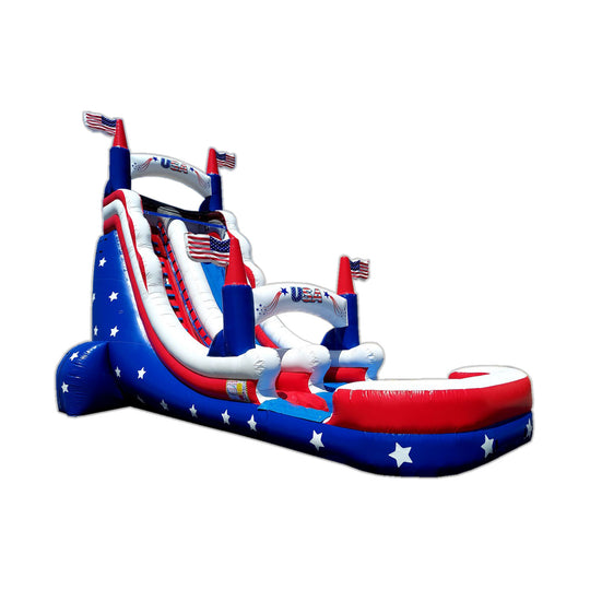 A large inflatable water slide featuring red, white, and blue colors with star patterns and flags, set against a white