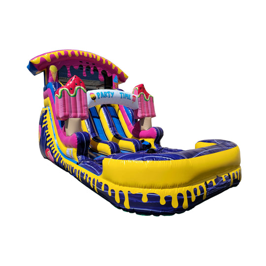 Colorful Marble Ice Cream Water Slide featuring pink and yellow ice cream cone designs, set against a white background, ideal