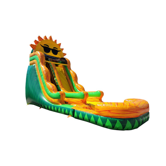 Bright yellow and green commercial water slide featuring a sun design at the top, set against a white background.