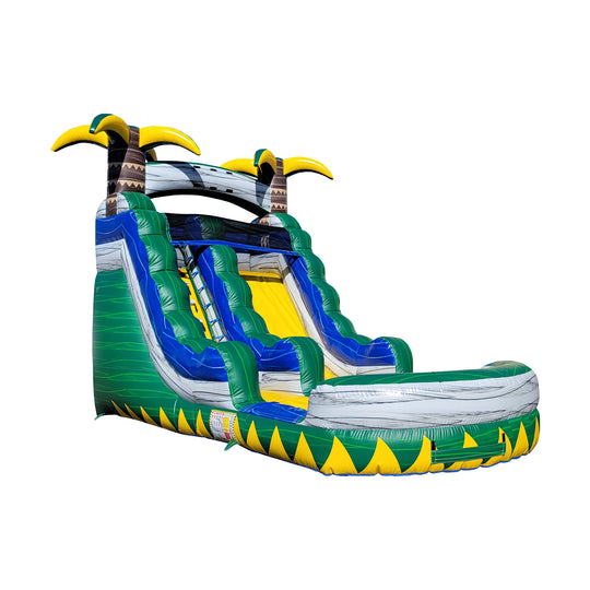 Ocean green water slide featuring palm trees and a large splash pool, designed for outdoor fun.