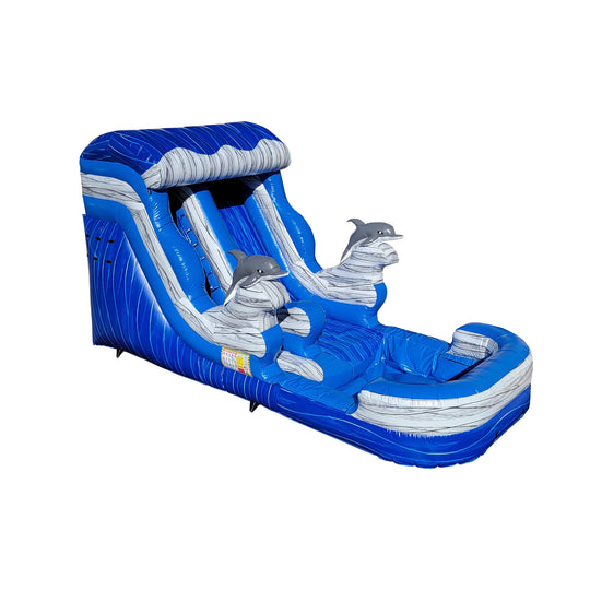 Bright blue commercial water slide for sale featuring dolphin designs and two sliding lanes.
