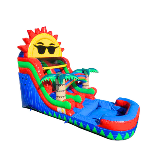 Colorful 16-foot high blue water slide featuring a sun with sunglasses and palm trees, ideal for summer fun.
