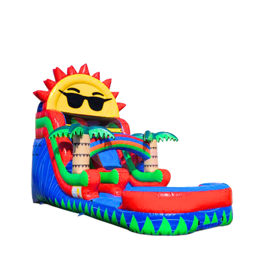 Colorful 16ft high blue sky water slide featuring a sun with sunglasses and palm trees, ideal for summer fun.