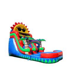 Colorful 18-foot blue sky water slide featuring a smiling sun and palm trees, set against a white background.