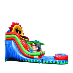 Colorful 18ft high blue sky water slide featuring palm trees and a sun design, ideal for summer fun.