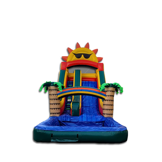 Colorful WS-244S Sunrise Water Slide featuring a sun design and palm trees, set against a white background, ideal for summer