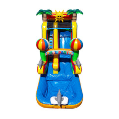 Colorful commercial water slide for sale featuring a pool party theme with palm trees, beach balls, and a slide leading into