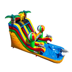 Colorful commercial water slide for sale featuring palm trees, beach balls, and dolphins, set against a white background.