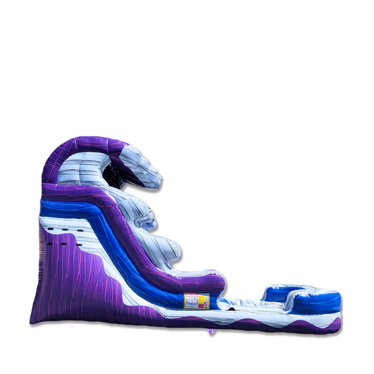 Purple Crazy Wave water slide with a wave design, featuring a steep slide and splash pool at the base, ideal for summer fun.