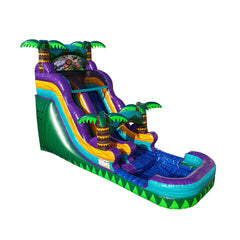 Colorful 18-foot tropical green water slide featuring palm trees and a blue slide surface, ideal for summer fun.