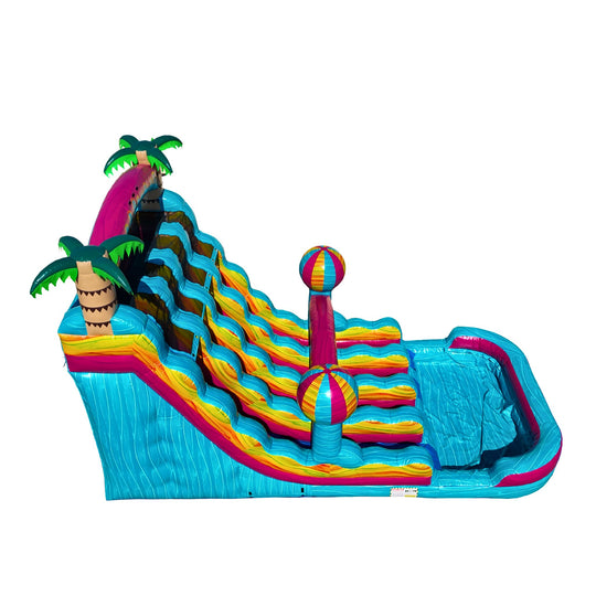 Colorful 20ft tropical ball beach water slide featuring palm trees and a triple line design, ideal for summer fun.