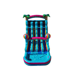 Colorful 20ft tropical water slide featuring palm trees and beach balls, ideal for summer fun.