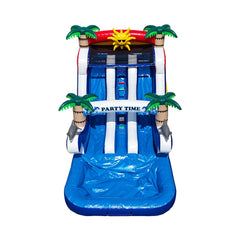 Colorful 18ft high commercial water slide featuring palm trees and a sunny design, set against a white background.