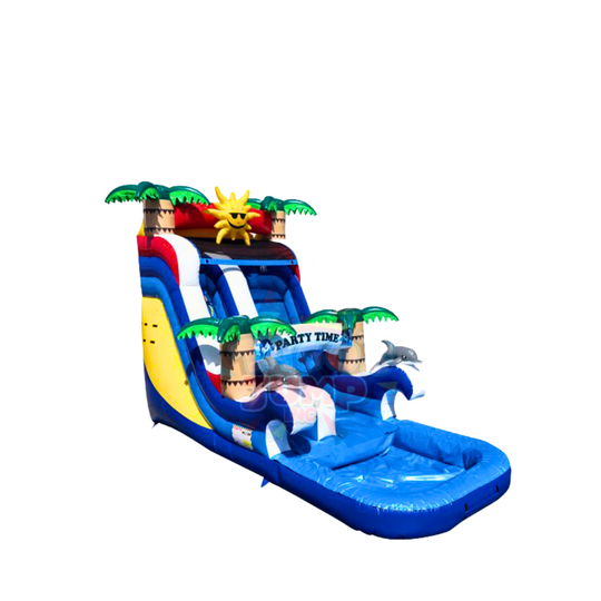 Colorful 18-foot tall commercial water slide featuring palm trees and a sun design, set against a white background.