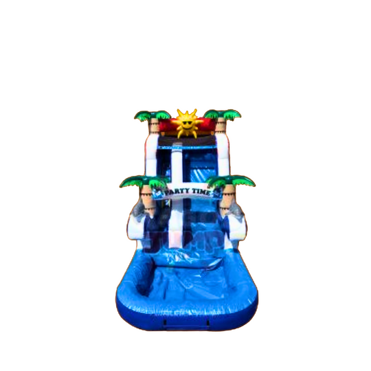 Colorful 18-foot tall commercial water slide featuring palm trees and a sunny theme, set against a white background.