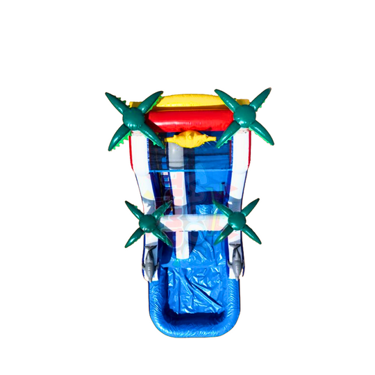Top view of an 18ft high commercial water slide featuring colorful sections and green propellers.