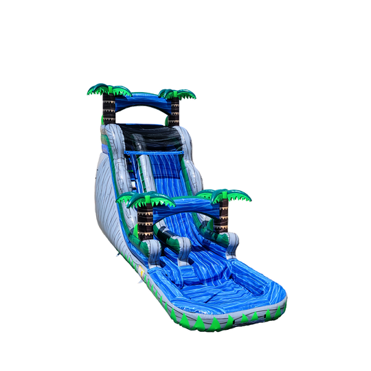 Large blue and green Mega Storm water slide featuring palm trees, designed for outdoor fun.