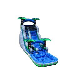 Large blue and green Mega Storm water slide featuring palm trees, designed for outdoor fun.
