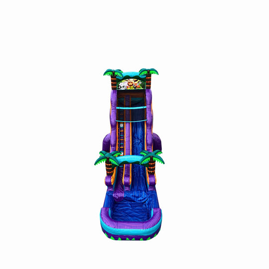 Purple tropical water slide featuring palm trees and a blue slide surface, designed for fun in outdoor settings.