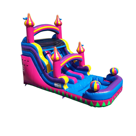 Bright pink and blue commercial water slide featuring castle towers and colorful accents, set against a white background.