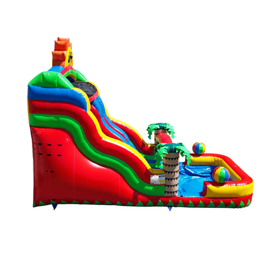 Colorful WS-263D Sunny Splash Water Slide featuring vibrant red, green, and blue sections with palm trees and beach balls