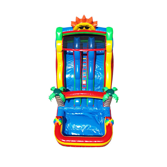 Brightly colored commercial water slide for sale featuring a sunny design, palm trees, and a splash pool at the bottom.