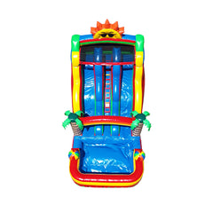 Brightly colored commercial water slide for sale featuring a sunny design, palm trees, and a splash pool at the bottom.