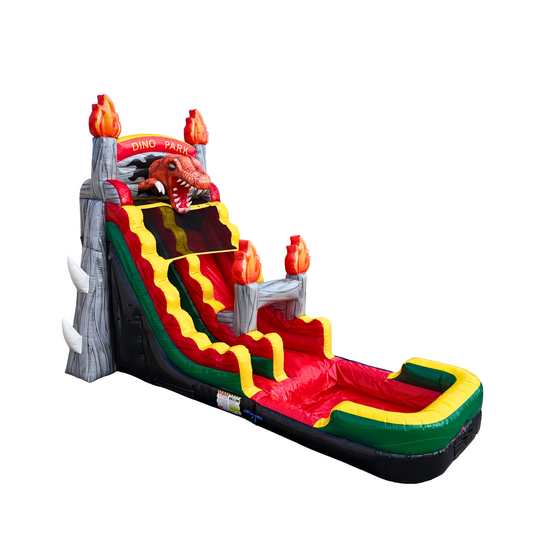 Colorful Dino Park water slide featuring a dinosaur theme, flames, and a steep slide, ideal for outdoor fun.