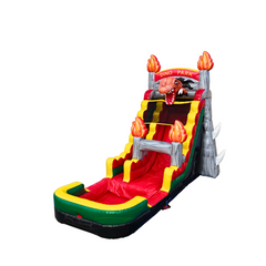 Colorful Dino Park water slide featuring a dinosaur theme with flames, designed for outdoor fun.
