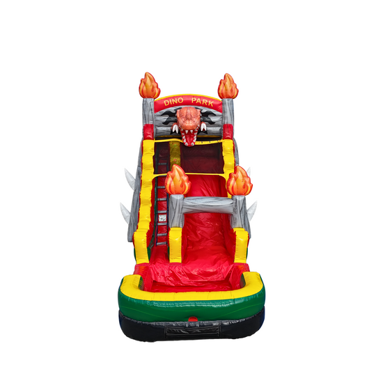 Colorful Dino Park water slide featuring a dinosaur head and flames, designed for fun outdoor play.