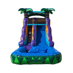 Colorful WS-269S Adventure water slide featuring palm trees, a blue slide, and a splash pool at the bottom, ideal for summer
