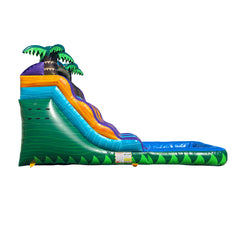 Colorful WS-269S Adventure water slide featuring palm trees, with a blue splash pool at the base, ideal for summer fun.