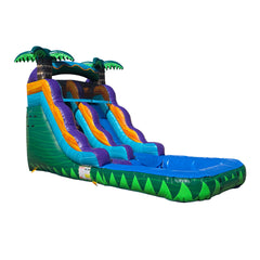 Colorful WS-269S Adventure water slide featuring palm trees, with three sliding lanes and a splash pool at the bottom, ideal