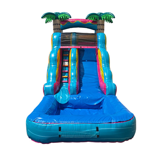 Bright blue Esmeralda water slide with palm tree accents and a splash pool at the bottom, showcasing a fun design for a