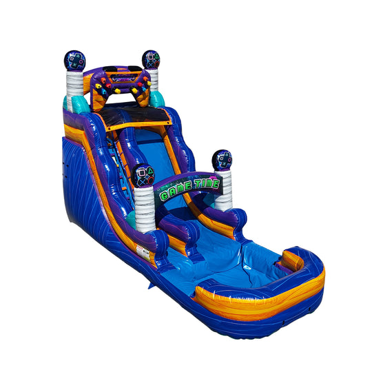 Bright blue and orange WS-271S Game Time Water Slide featuring two sliding lanes and a vibrant design, ideal for outdoor fun.