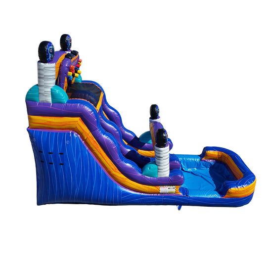 Colorful WS-271S Game Time Water Slide featuring two tall slides and a splash pool, ideal for summer fun.