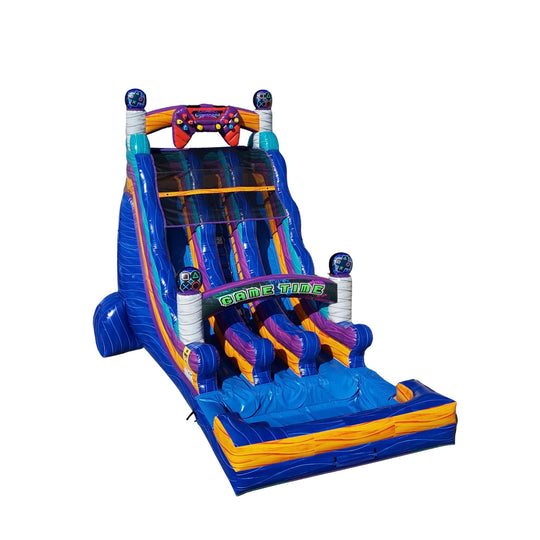 Colorful double lane water slide featuring a vibrant design with gaming elements, suitable for outdoor fun.