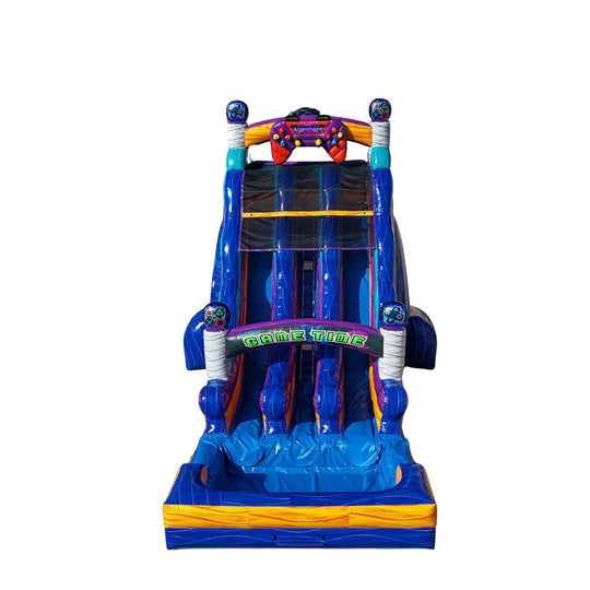 Bright blue and yellow double lane water slide with a game theme, featuring two sliding lanes and a splash pool at the
