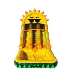 Bright yellow commercial water slide featuring a sun design with sunglasses, set against a white background.
