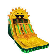 Bright yellow and green commercial water slide featuring a smiling sun design, set against a white background.