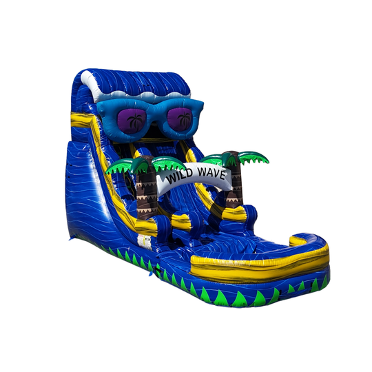 Bright blue and yellow commercial water slide featuring palm trees and sunglasses, set against a white background.