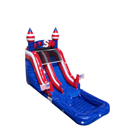 Red, white, and blue inflatable water slide featuring patriotic decorations, ideal for summer fun.
