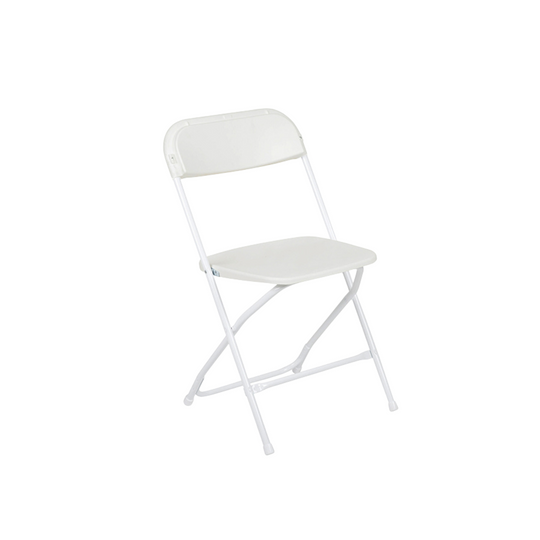 White plastic folding chair with a simple design, suitable for various events, part of event furniture for sale.